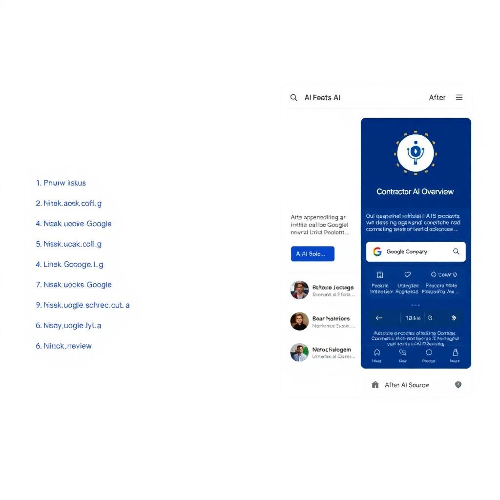 Before and after AI SEO: plain blue link results vs a Google AI Overview citing a Louisiana contractor.