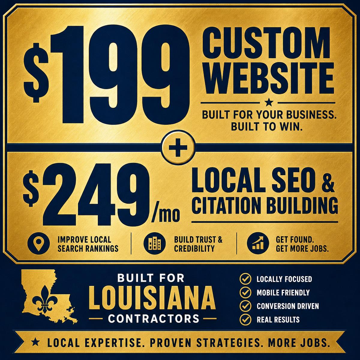 Special $199 web design and $249 monthly Local SEO and citation offer for Louisiana home service companies.
