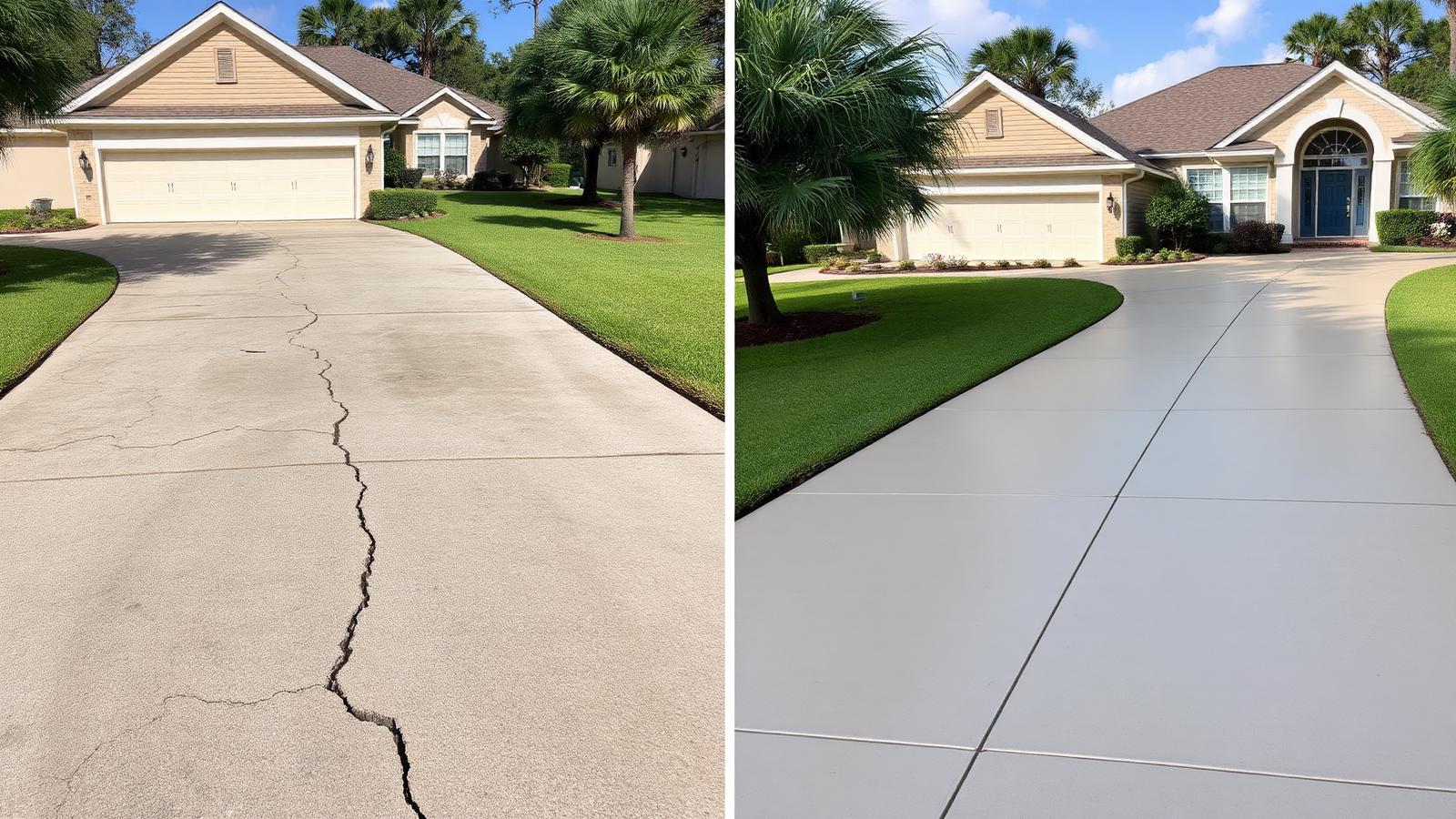 Before and after Louisiana residential concrete driveway replacement — cracked slab restored to a smooth broom-finished driveway.