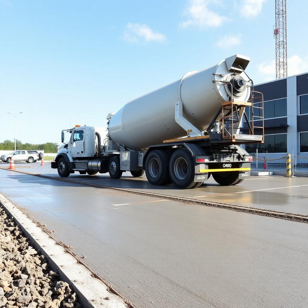 Commercial concrete pour in Louisiana — mixer truck delivering to a large parking lot slab.