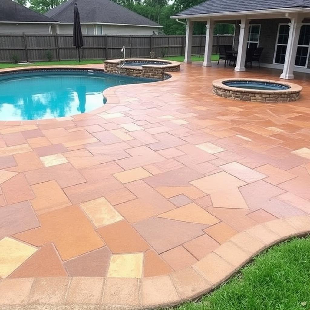Beautiful stamped decorative concrete pool deck by a Louisiana concrete contractor — ashlar slate pattern with acid-stained finish.