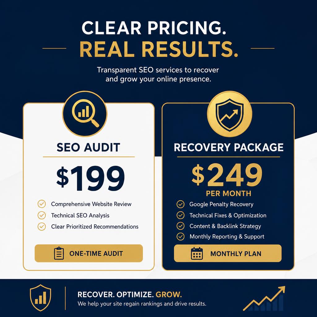 Special $199 technical SEO audit and $249 monthly ranking recovery offer for businesses hit by Google updates.