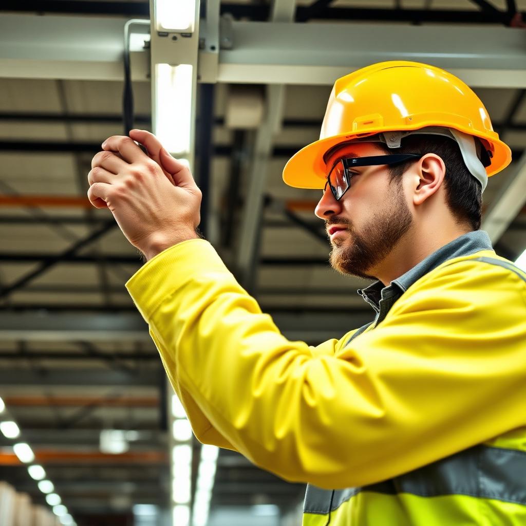 Commercial electrician installing industrial LED lighting retrofit in Louisiana.