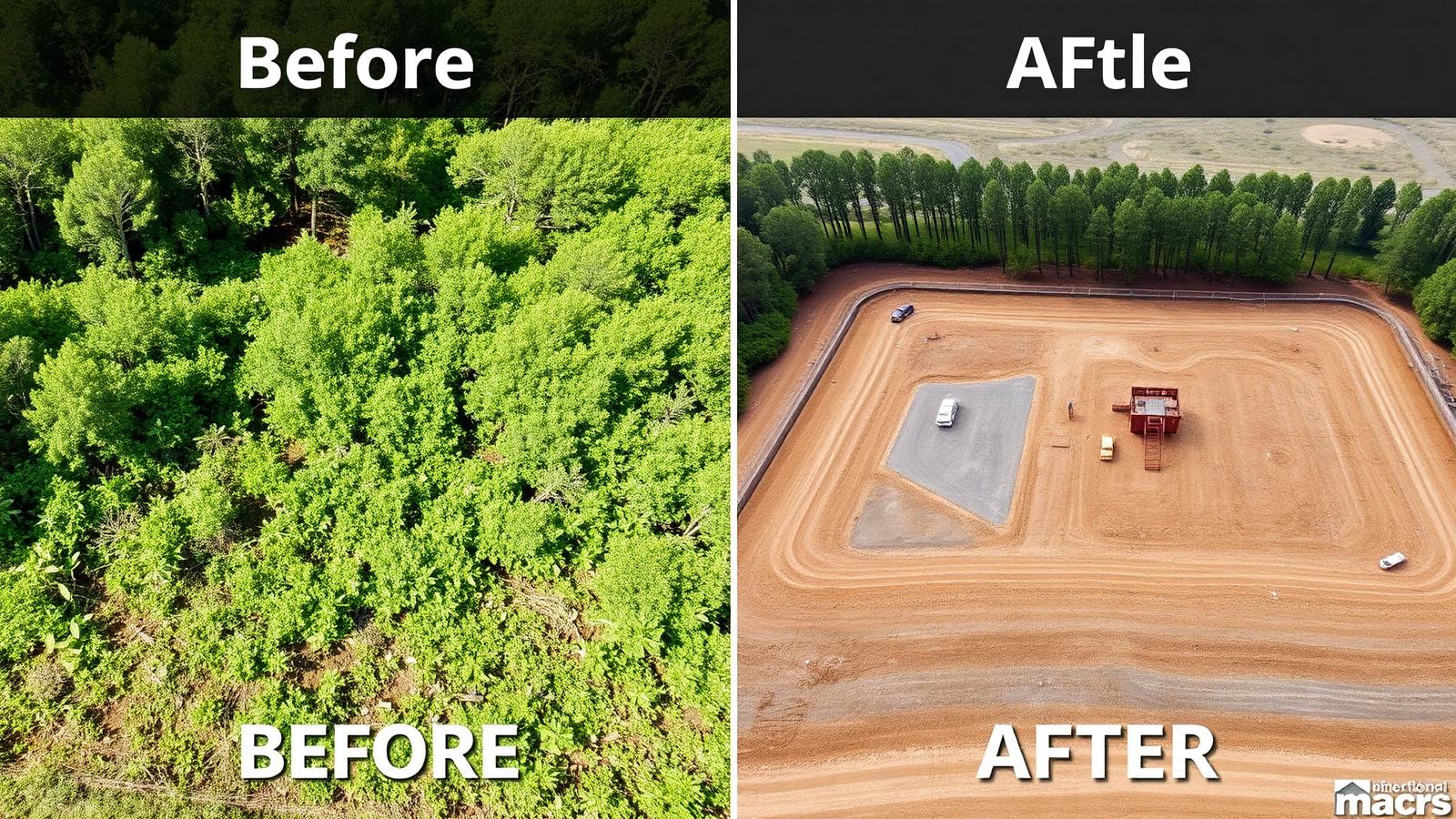 Before and after land clearing by a Louisiana excavation contractor — overgrown wooded lot transformed into a graded, level building pad.