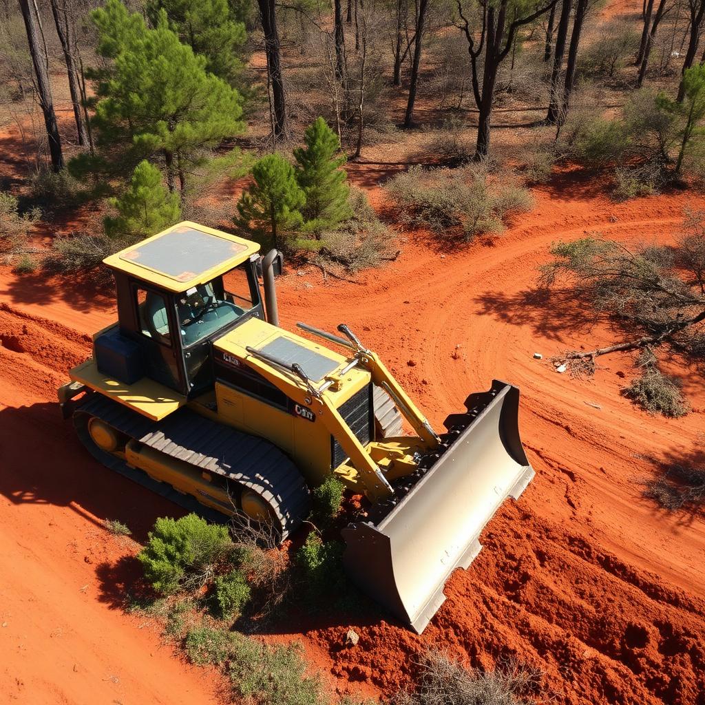 Louisiana excavation contractor clearing a wooded lot with a bulldozer on red clay soil.