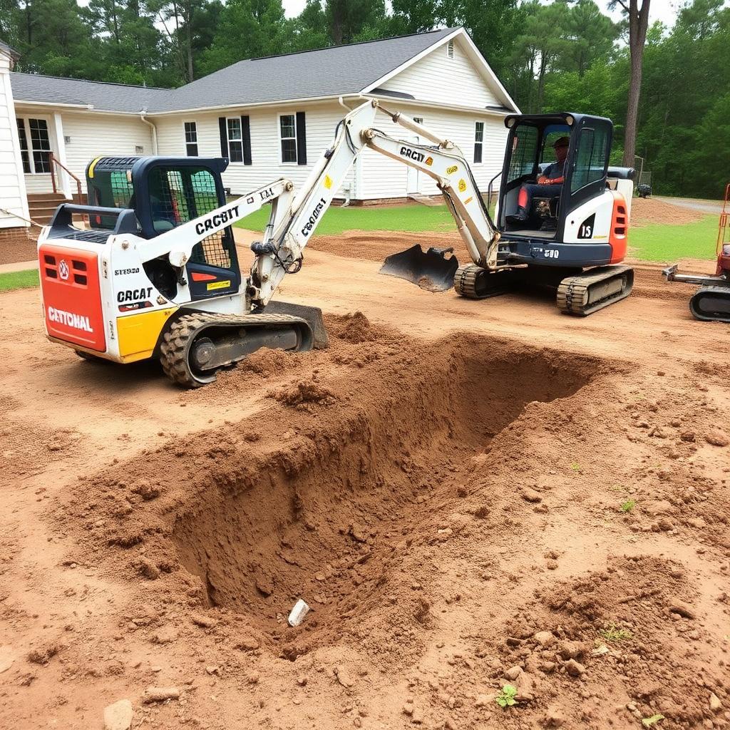 Skid steer and mini excavator grading a raised residential foundation pad in Louisiana.