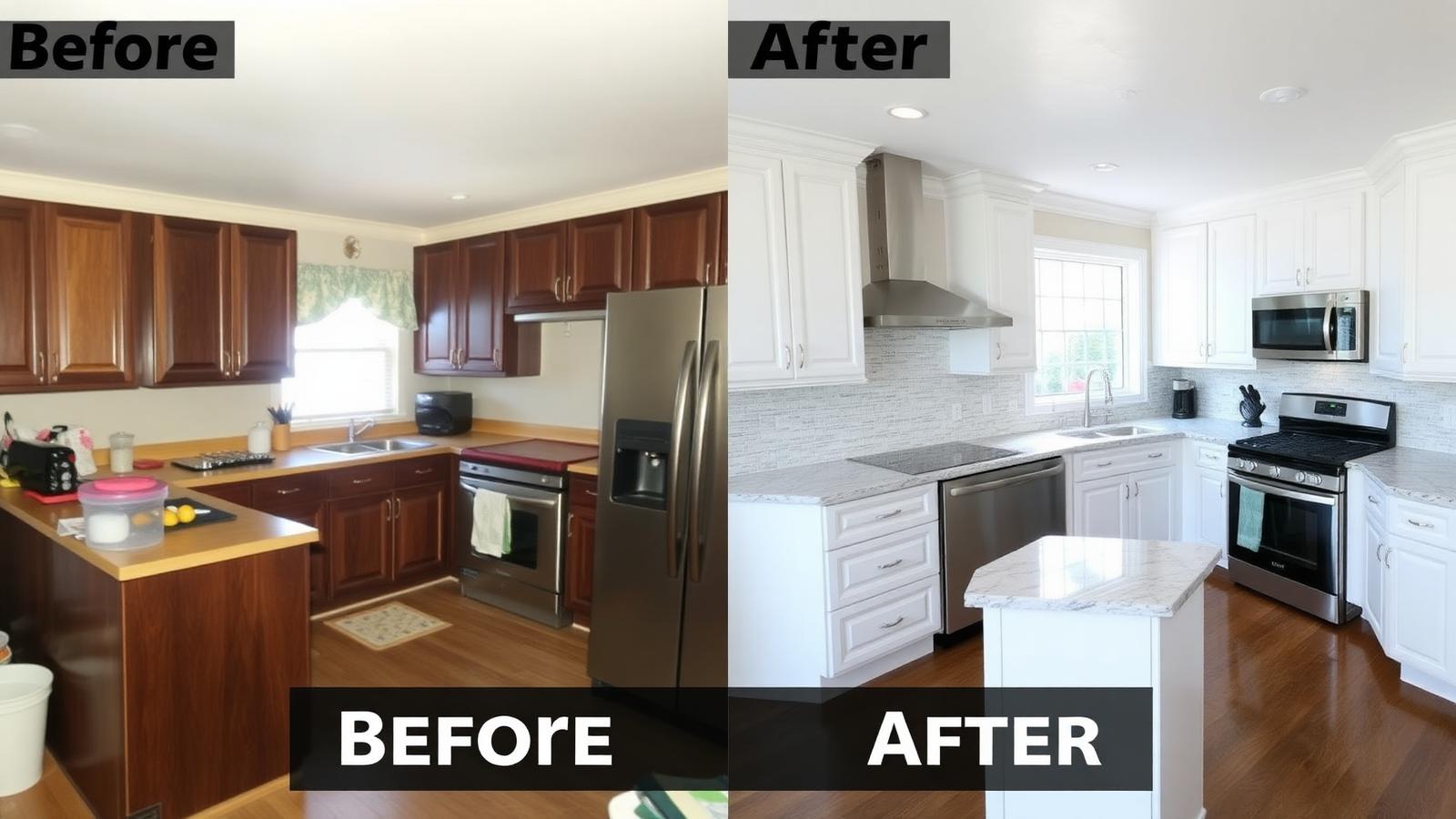 Before and after kitchen remodel by a Louisiana general contractor — dated cabinets replaced with modern white kitchen and quartz island.
