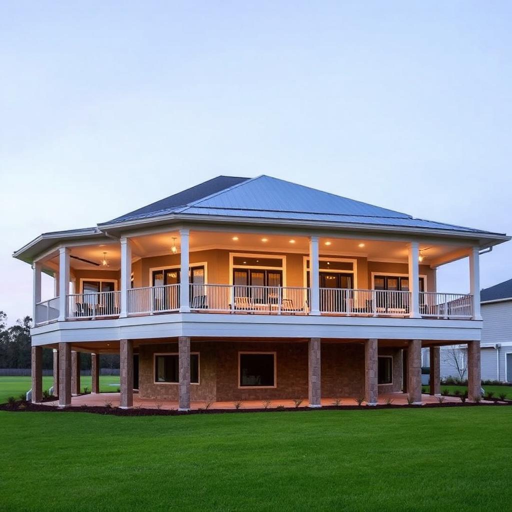 Modern custom-built luxury home in Louisiana with elevated hurricane-resistant foundation.