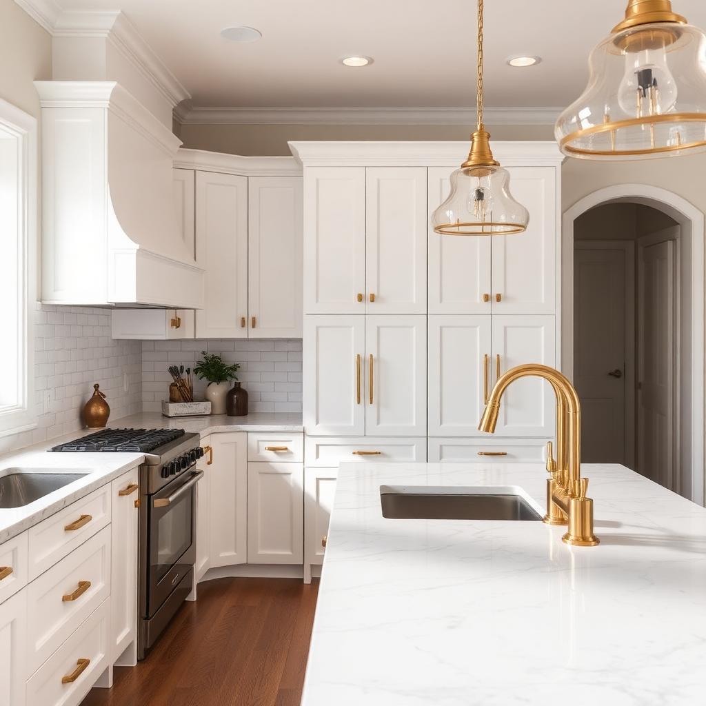 Luxury kitchen remodel completed by a Louisiana general contractor — white cabinets, marble island, brass fixtures.