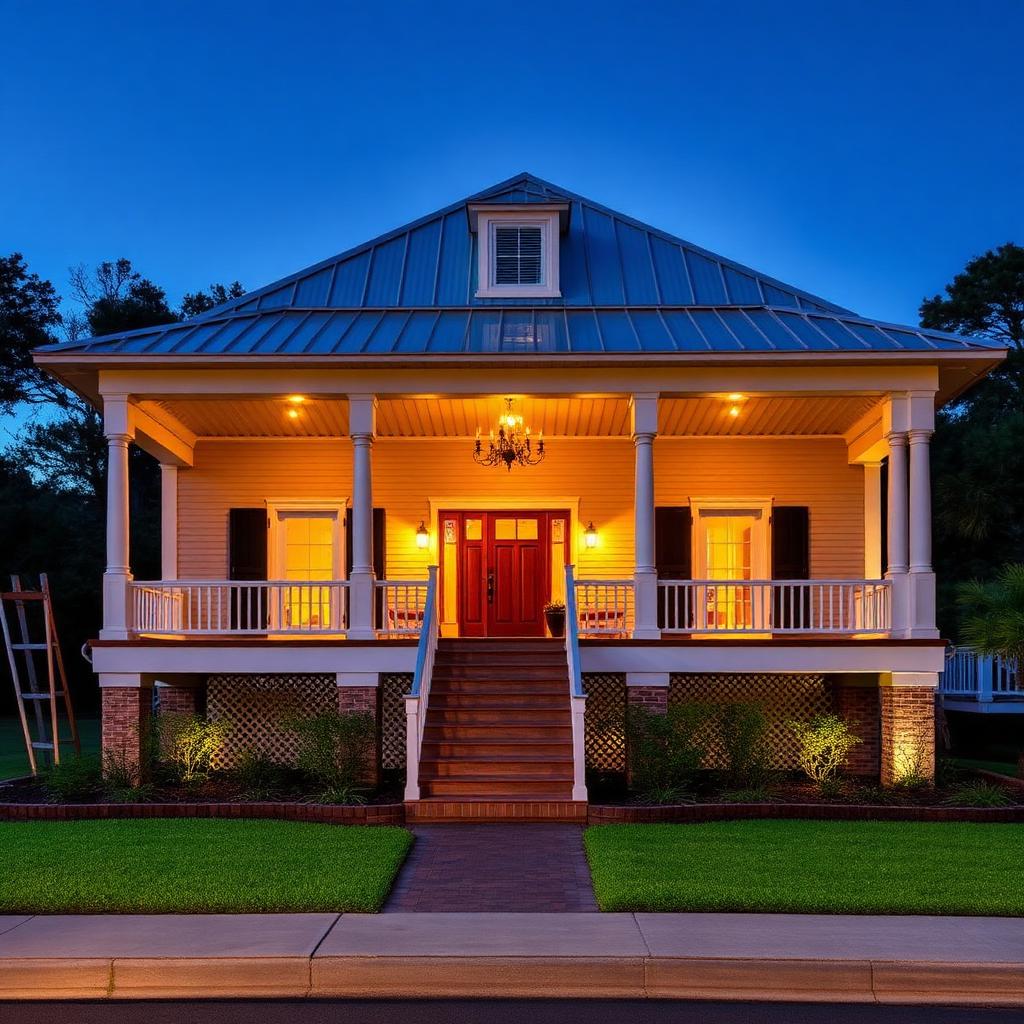 Raised Acadian style custom home in Louisiana with metal roof and wide front porch — hurricane-resistant construction.