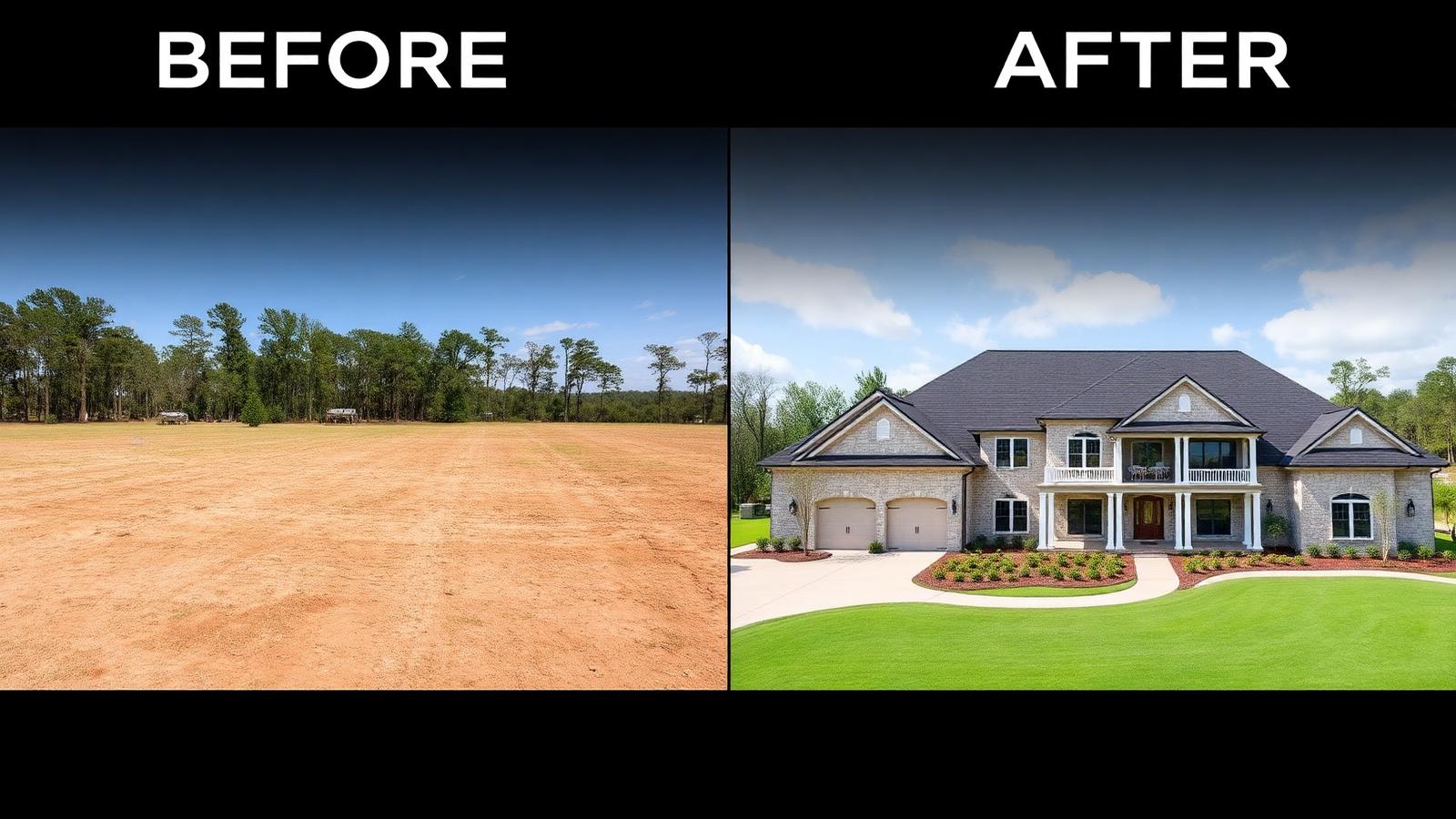 Before and after Louisiana custom home build — cleared lot transformed into a completed luxury Acadian-style residence.
