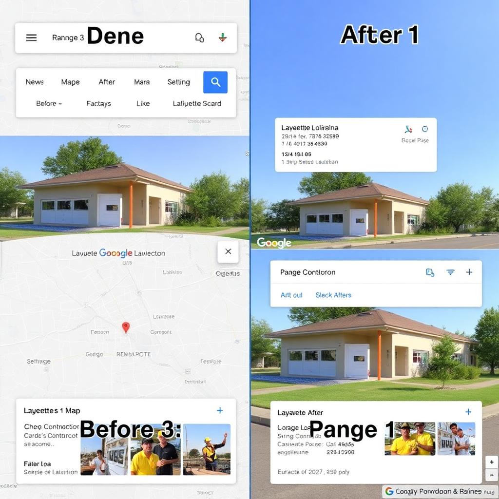 Before and after Google Maps ranking for a Lafayette Louisiana contractor — from page 3 obscurity to Local 3-Pack dominance.