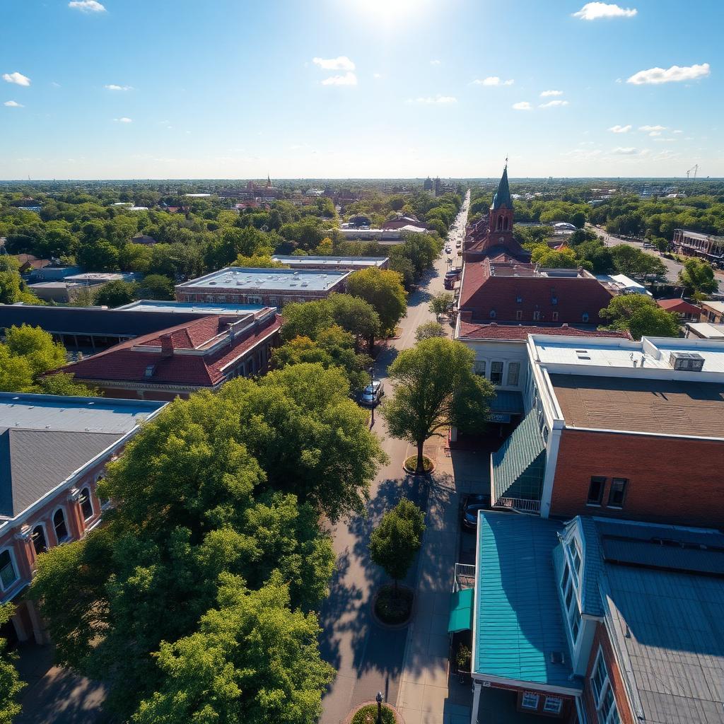 Downtown Lafayette Louisiana aerial view with Acadian architecture and oak trees — the Hub City of Acadiana.