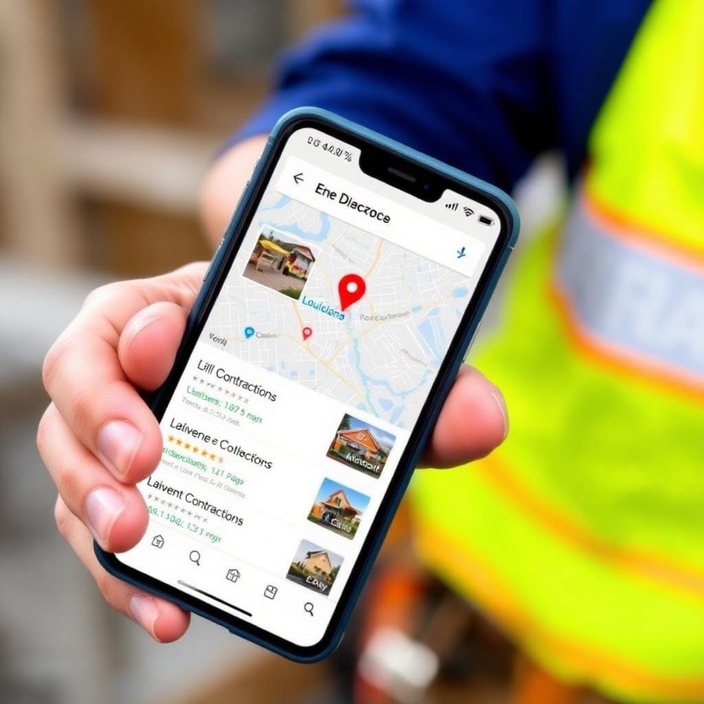 Smartphone showing Google Maps local 3-pack results for Lafayette Louisiana contractors — #1 ranking highlighted.