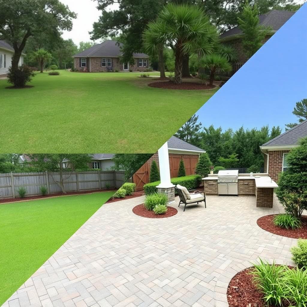 Before and after Louisiana landscape design — plain grass backyard transformed into paver patio with outdoor kitchen and lush plantings.