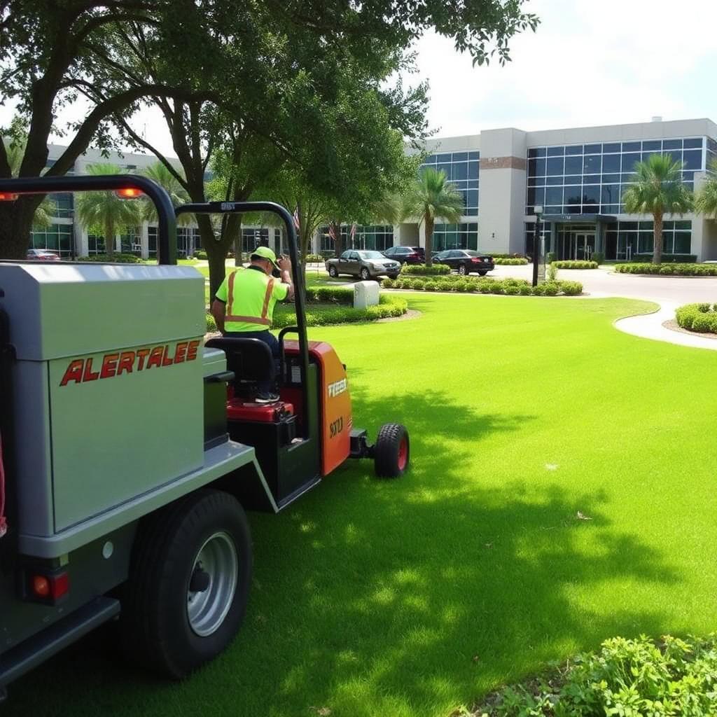 Commercial landscape maintenance crew servicing a Louisiana corporate office park.