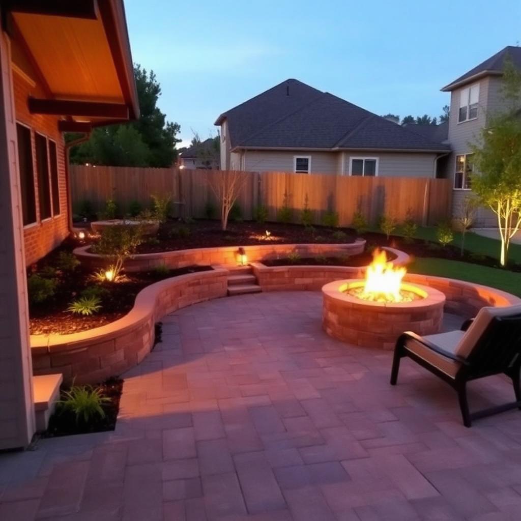 Louisiana paver patio with retaining wall, fire pit, and landscape lighting installed by a professional hardscaping contractor.