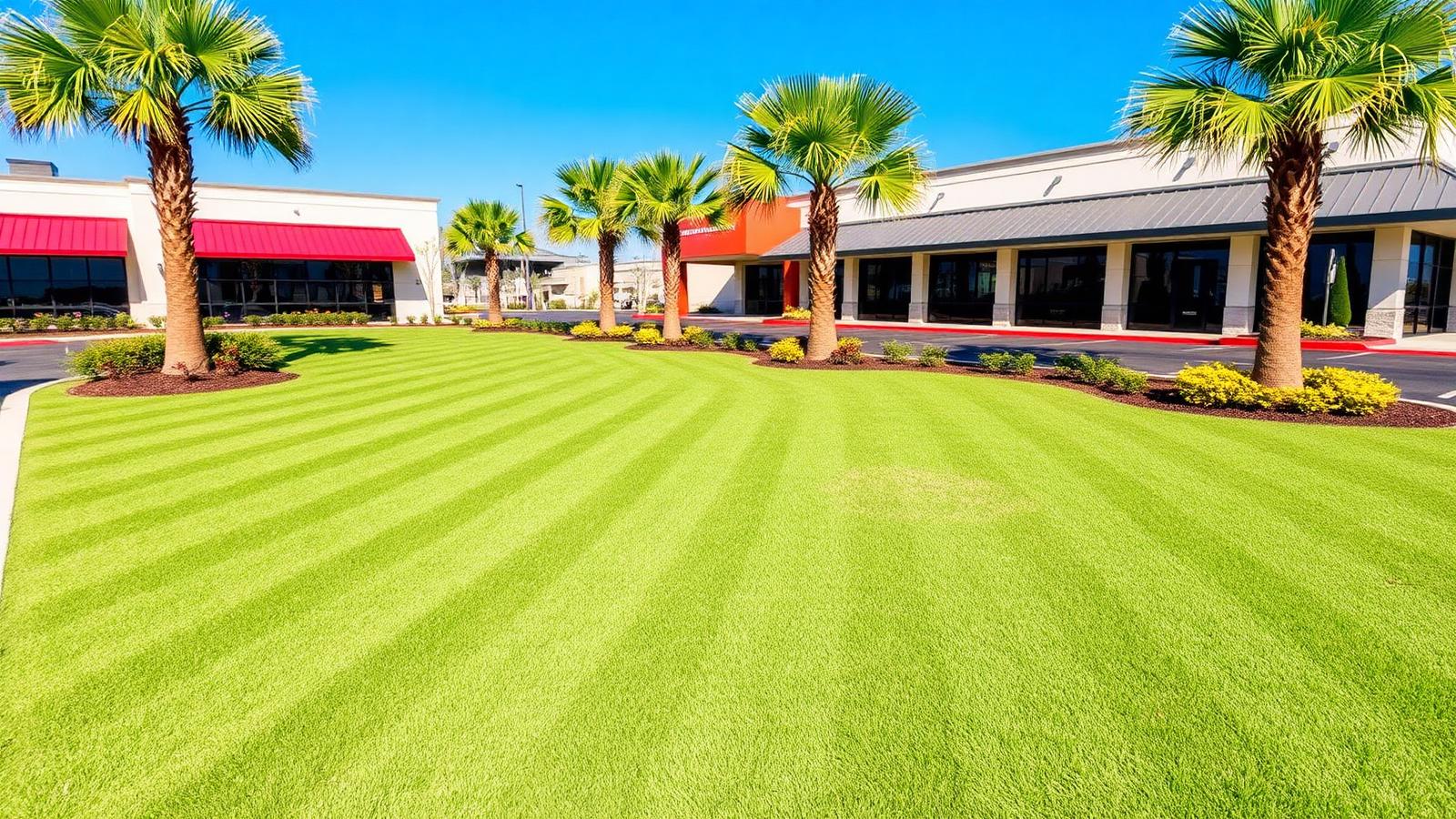 Manicured Louisiana commercial property with striped St. Augustine grass — commercial lawn maintenance SEO example.