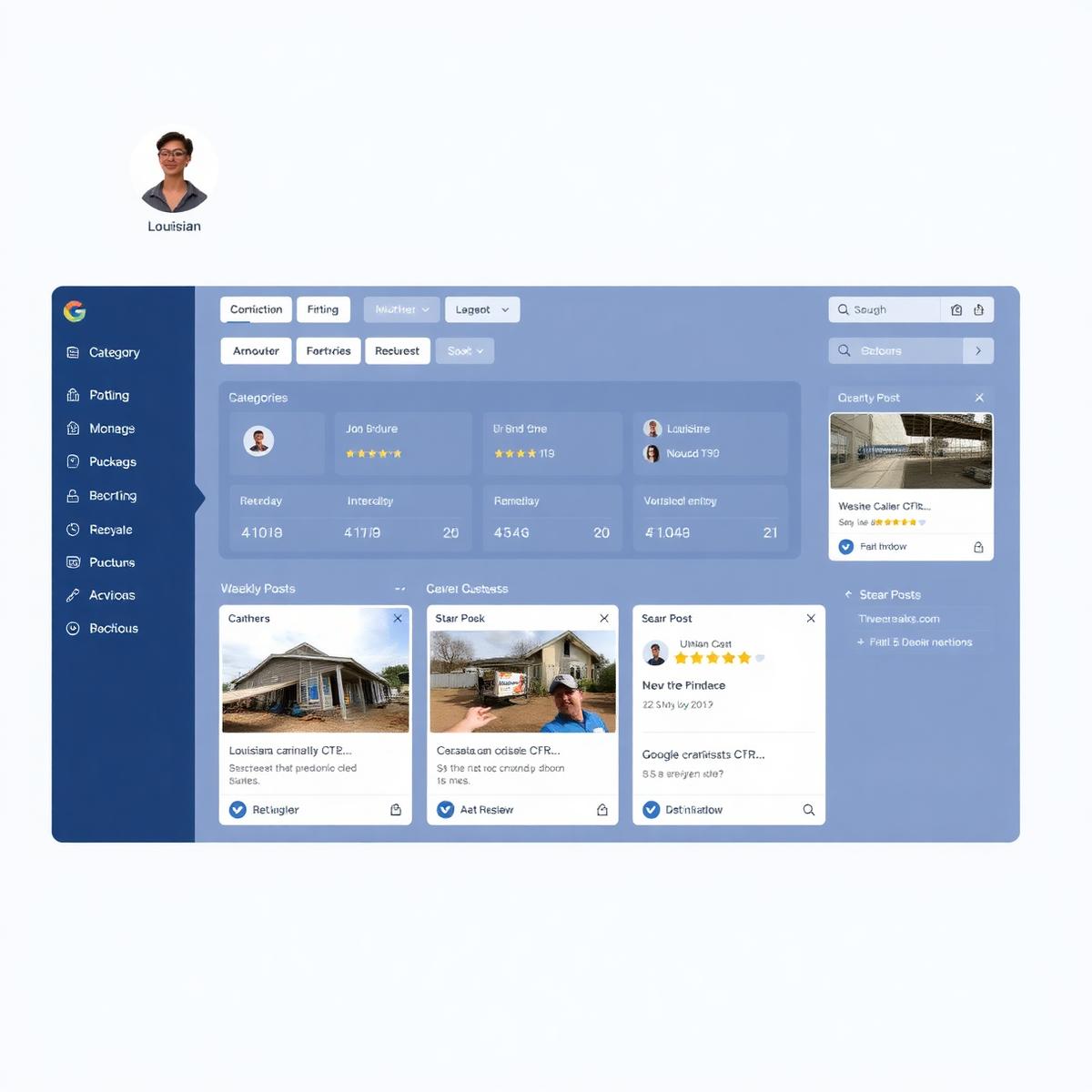 Google Business Profile dashboard optimized for a Louisiana contractor showing categories, geo-tagged jobsite photos, weekly posts, and 5-star review notifications.