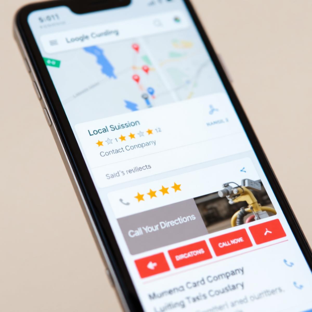 Smartphone showing Google Maps Local 3-Pack results for a Louisiana contractor ranked #1 with 5-star reviews and call buttons.