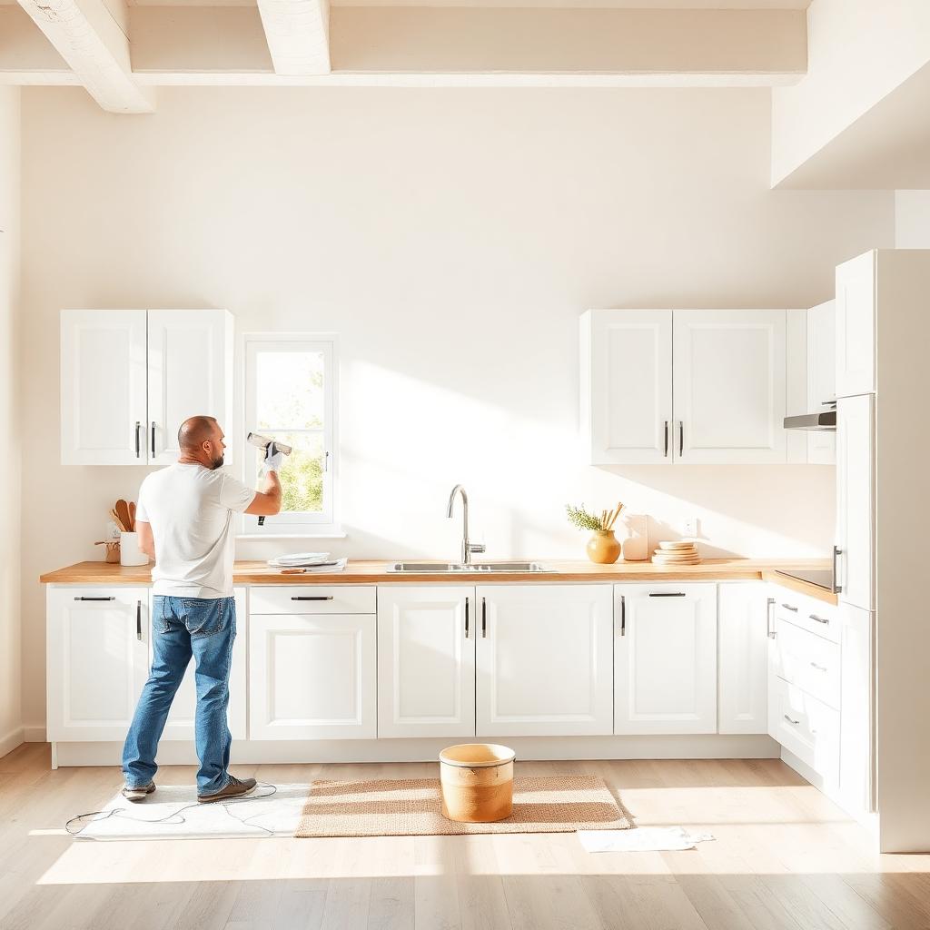 Painter refinishing white kitchen cabinets — a premium high-margin painting service.