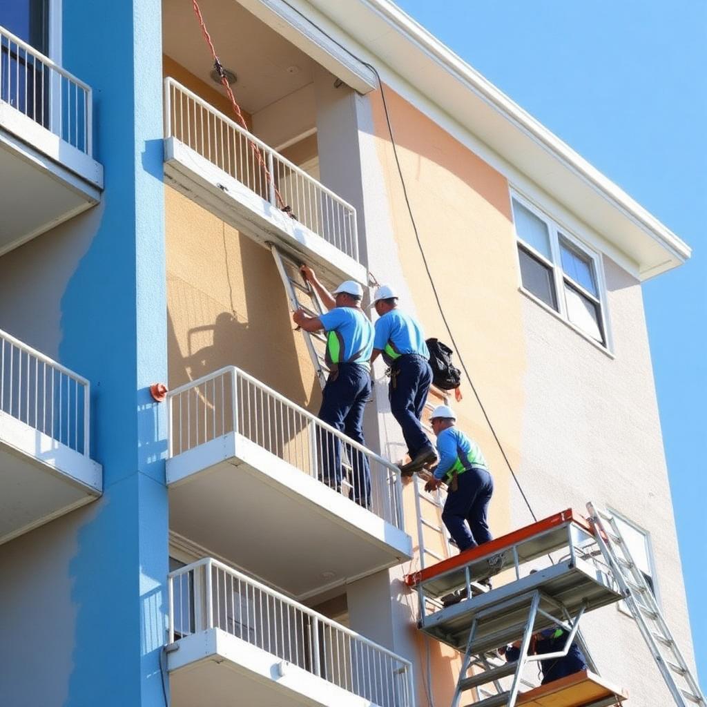 Commercial painting crew repainting a multi-unit apartment building in Louisiana.