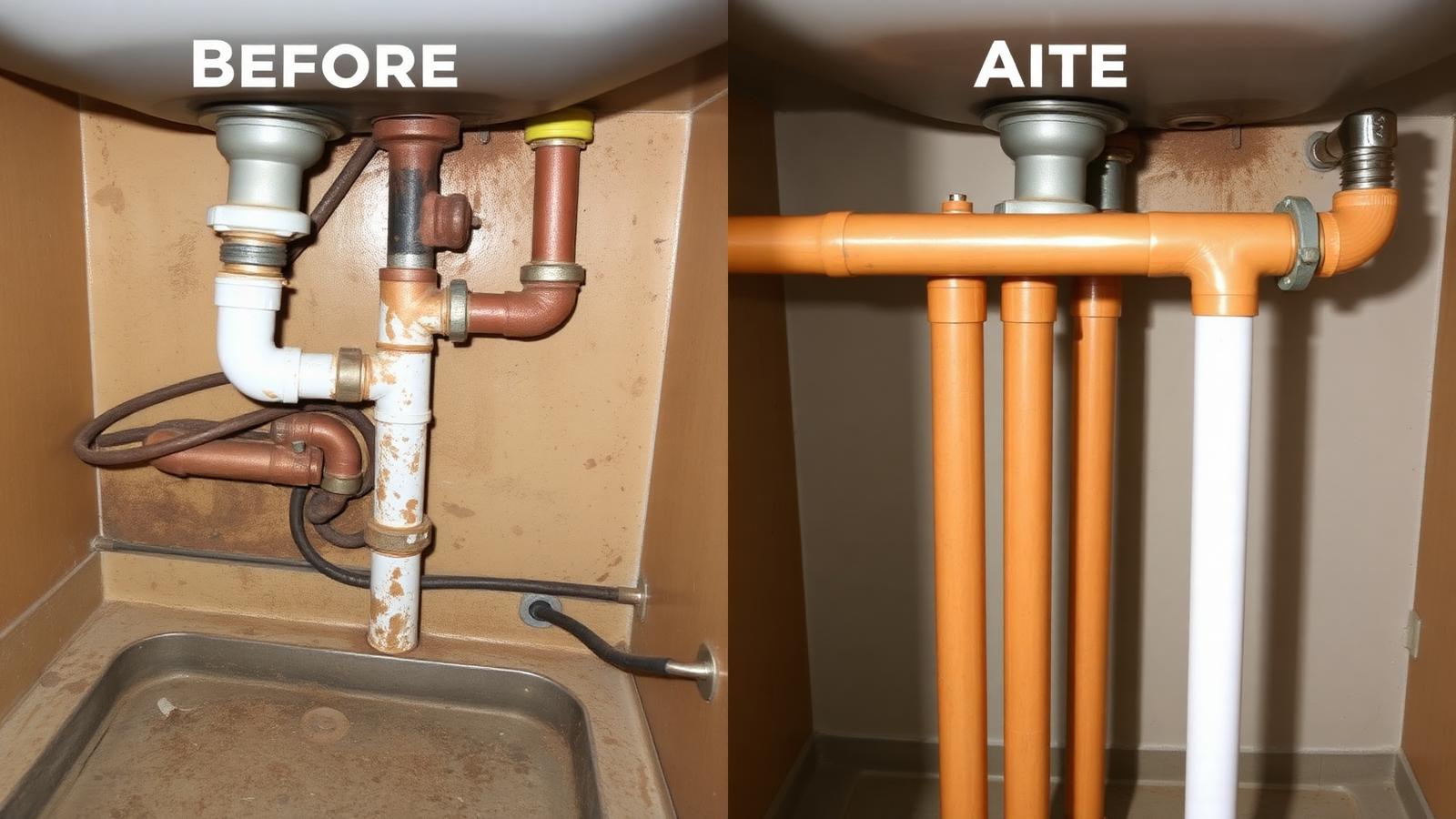 Before and after under-sink repipe by a Louisiana plumbing contractor — rusty corroded pipes replaced with new PEX.