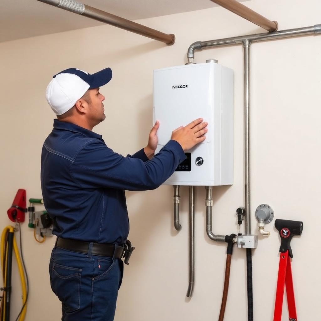 Plumber installing a modern tankless water heater — a premium high-margin plumbing service.