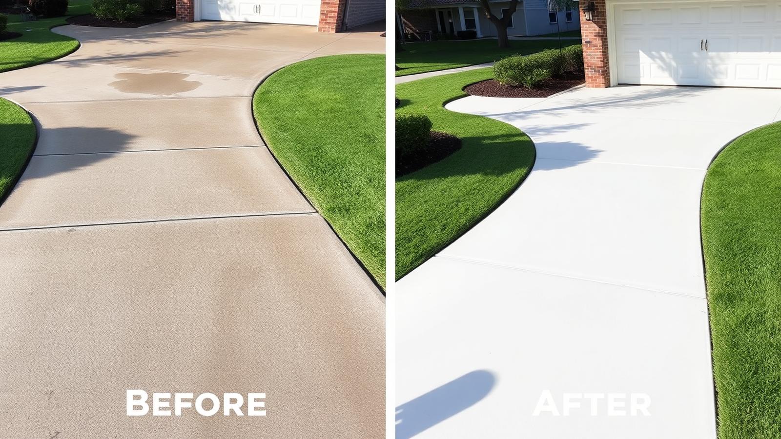 Before and after Louisiana concrete driveway pressure washing — dirty stained slab restored to bright white after surface cleaner treatment.