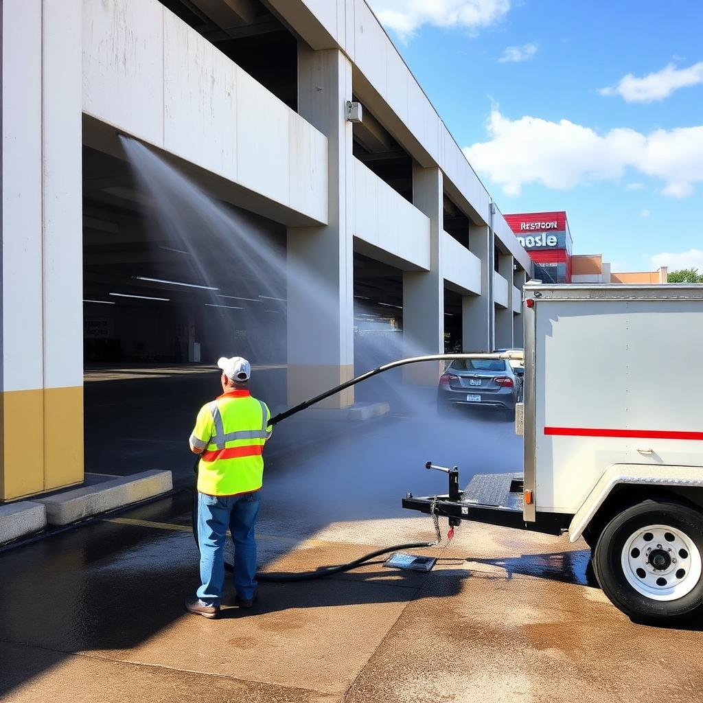 Commercial pressure washing crew cleaning a large parking garage with a hot-water trailer skid in Louisiana.