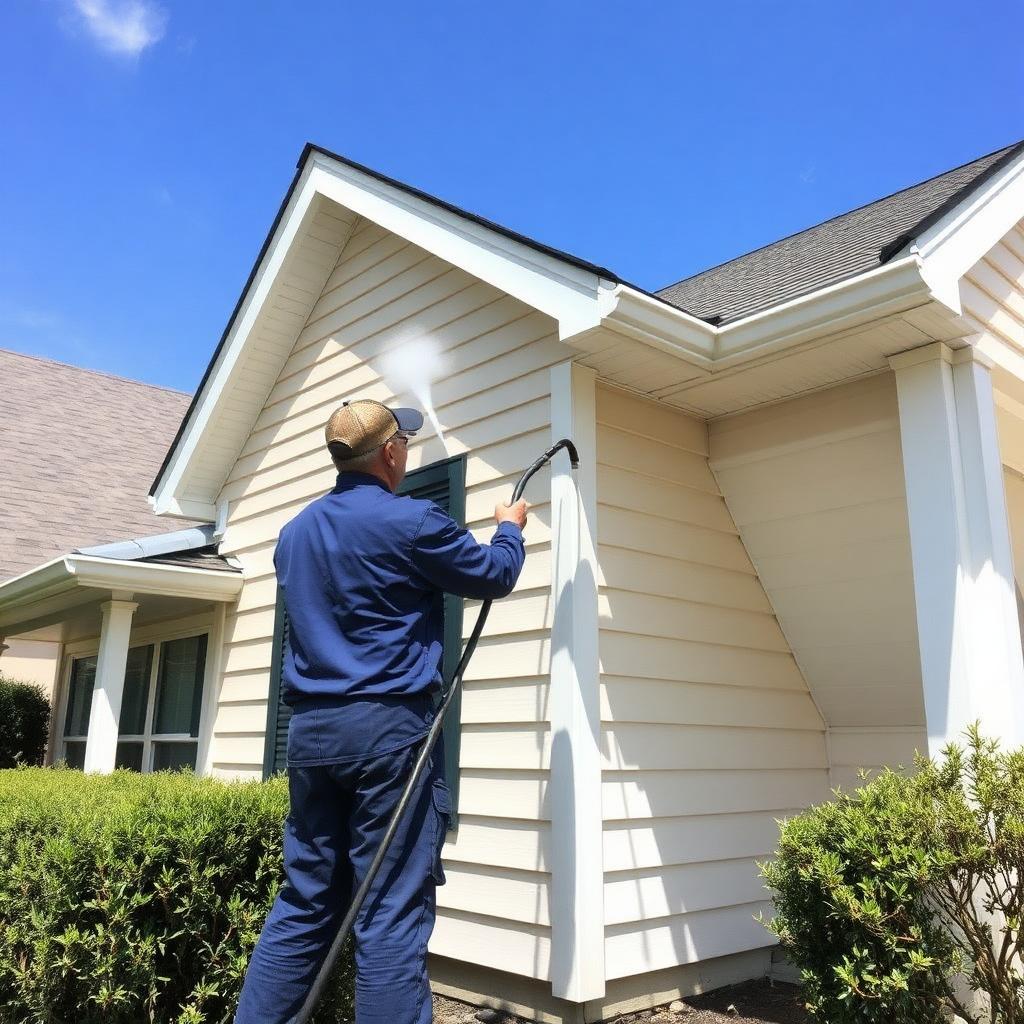 Louisiana contractor soft washing vinyl siding on a residential home with low-pressure chemical application.