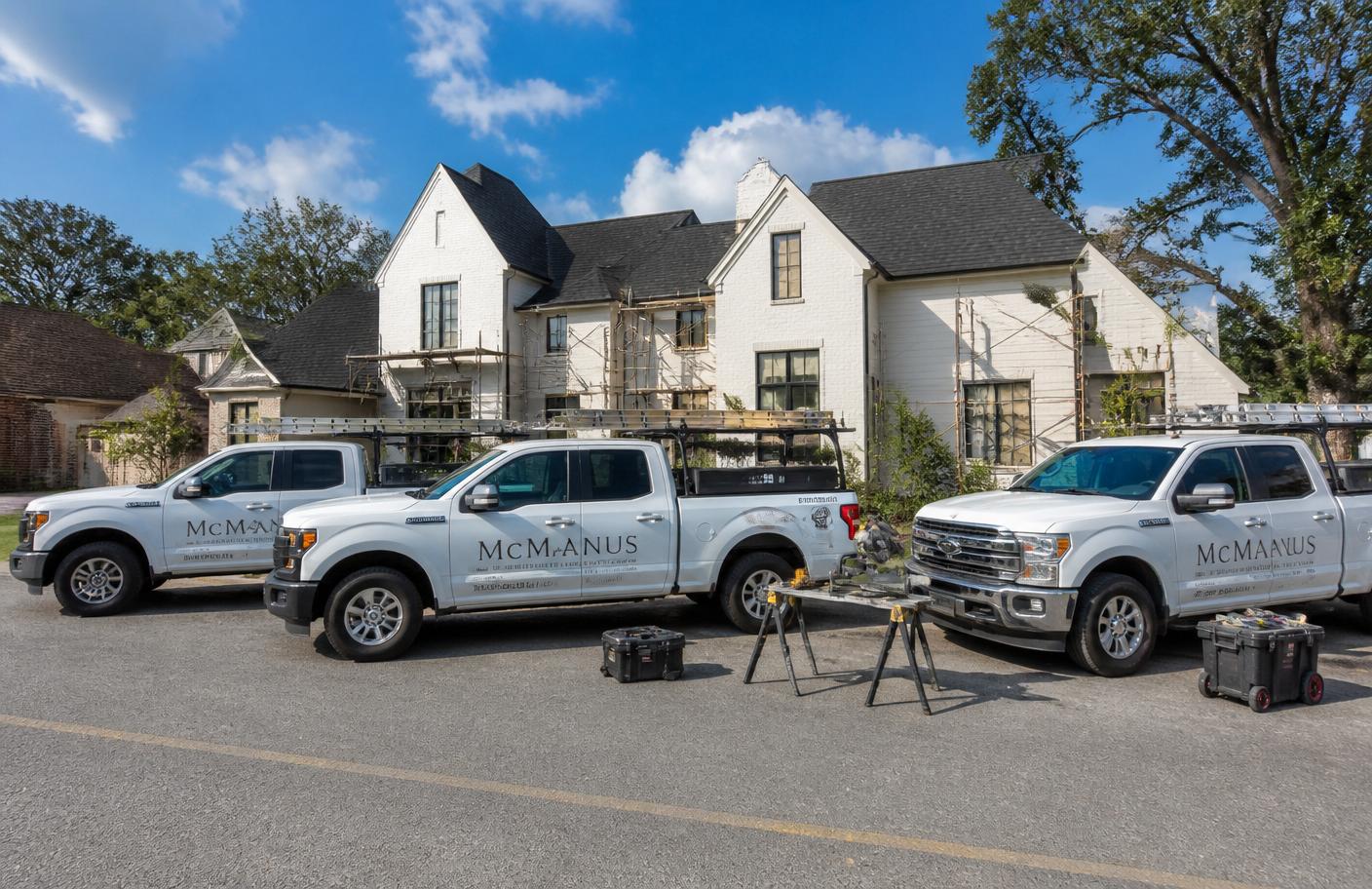 Fleet of branded remodeling contractor trucks parked in front of a residential job site.