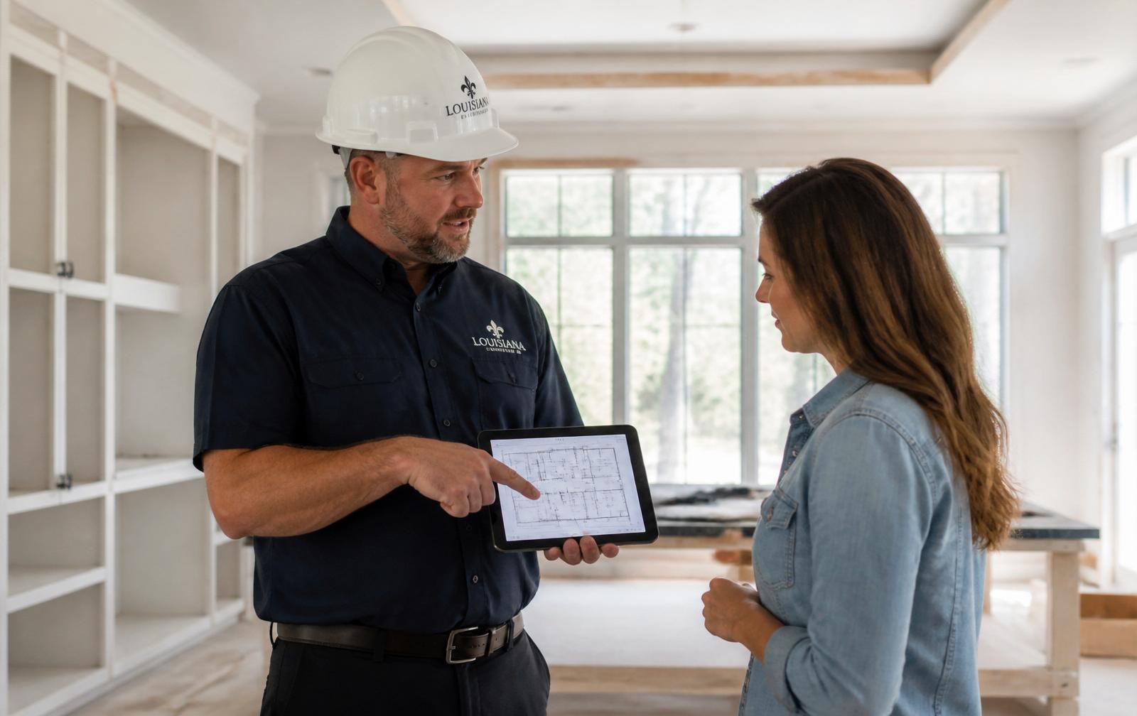 Louisiana remodeling contractor showing digital blueprints to a homeowner on a tablet.