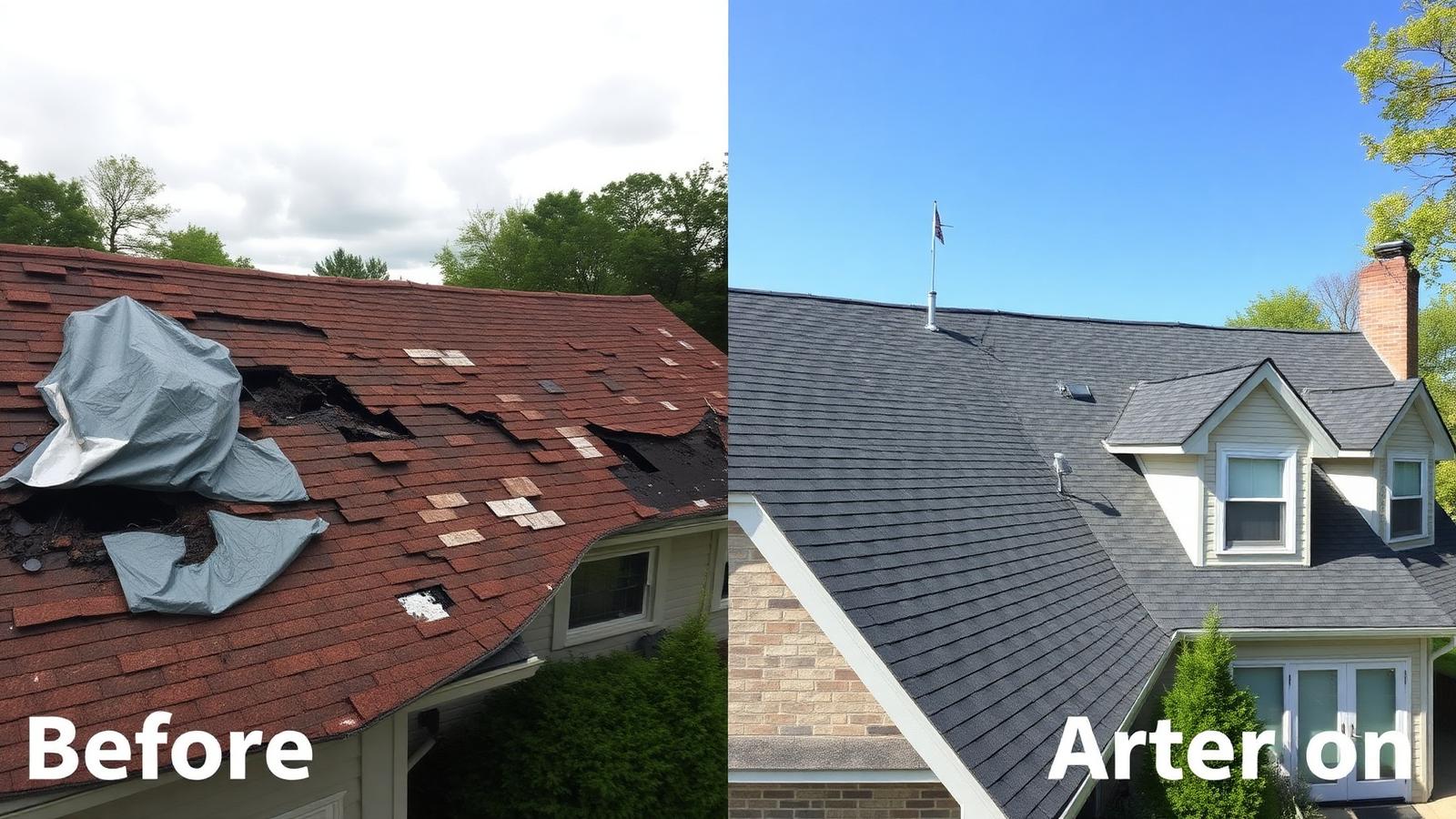 Before and after roof replacement by a Louisiana roofing contractor — storm-damaged shingles with tarp restored to a new architectural shingle roof.