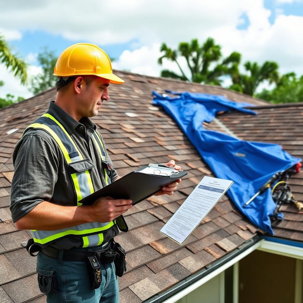 Louisiana roofer inspecting hurricane storm damage on a residential roof for an insurance claim.