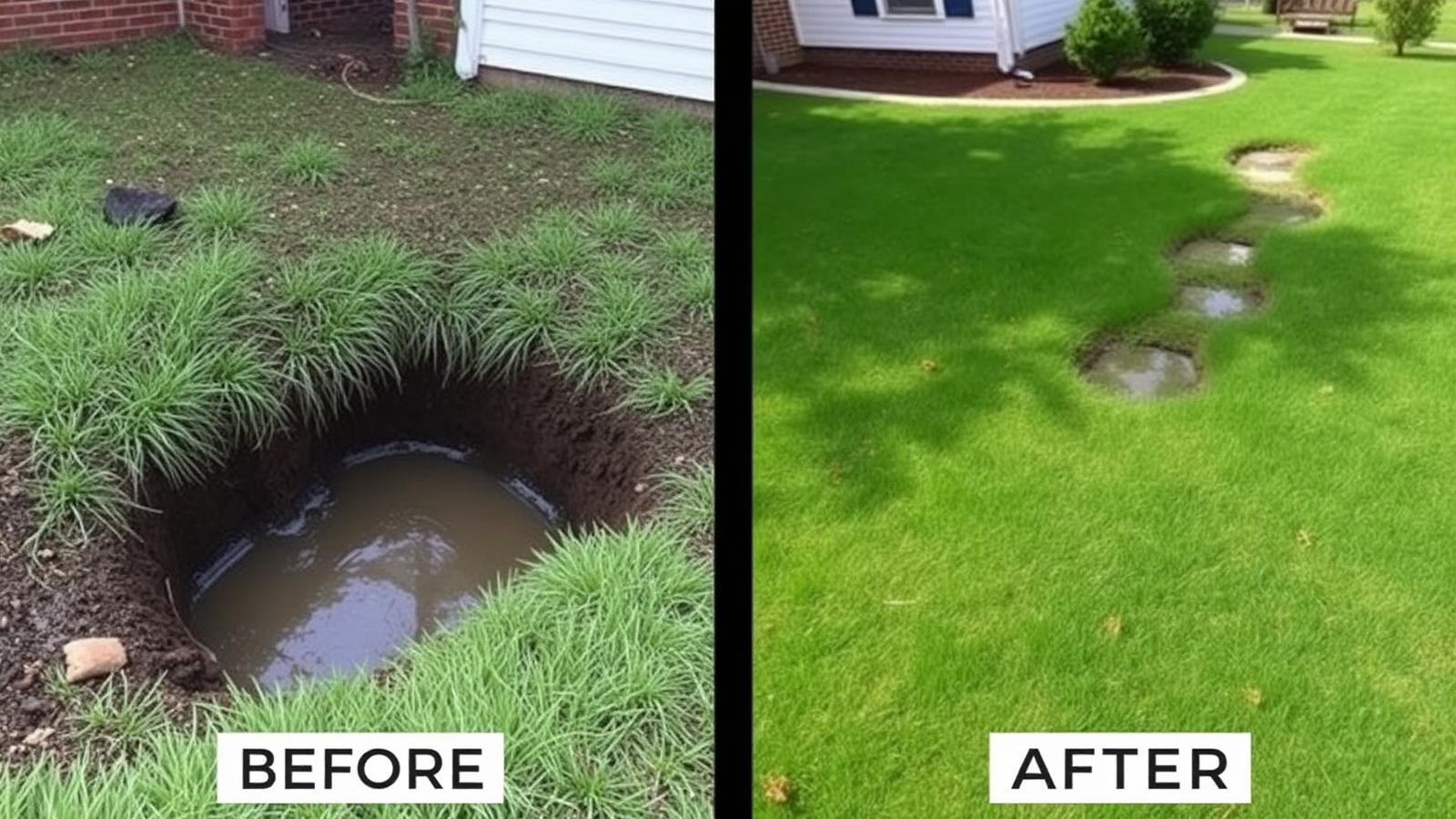 Before and after septic drain field repair by a Louisiana septic contractor — flooded soggy yard restored to a healthy green lawn.