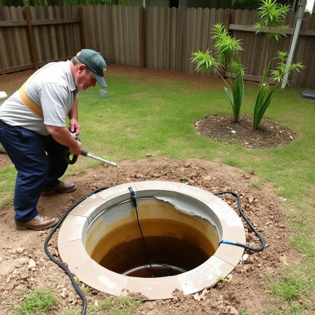 Louisiana septic technician inspecting an open septic tank in a residential backyard.